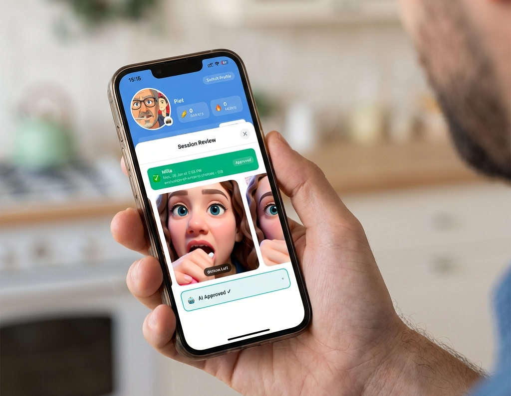 Parent reviewing child's brushing session in BigTooth app